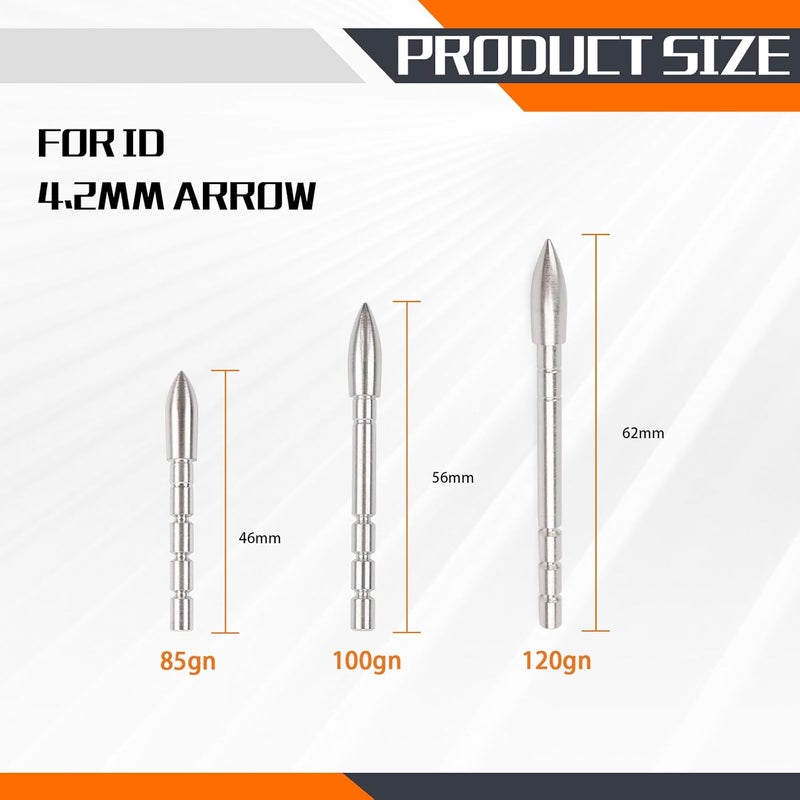 Yls Archery Field Points 85/100/120 Grain Insert Points Archery Bullet Points Target Practice Tips for ID 4.2mm Shaft(Pack of 12) - Image 3